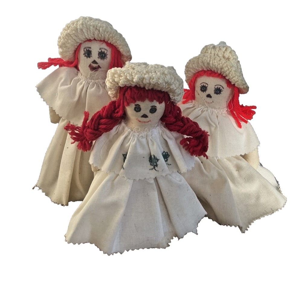 Vintage Handmade Raggedy Ann Style Country Primitive Dolls Red Yarn Hair Set 3